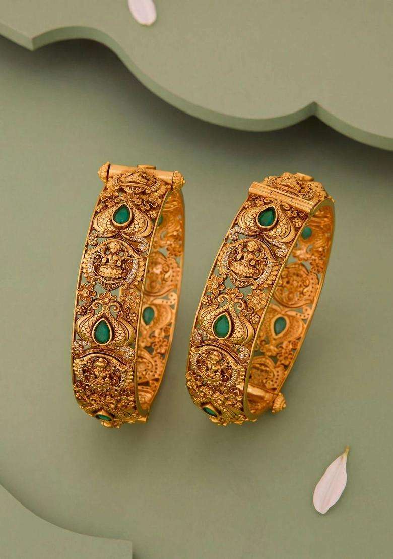 Set of 2 Silver Gold-Plated Temple Bangles for Women | Traditional Temple Jewellery for Wedding & Festive Wear | Gift for Her - Indya