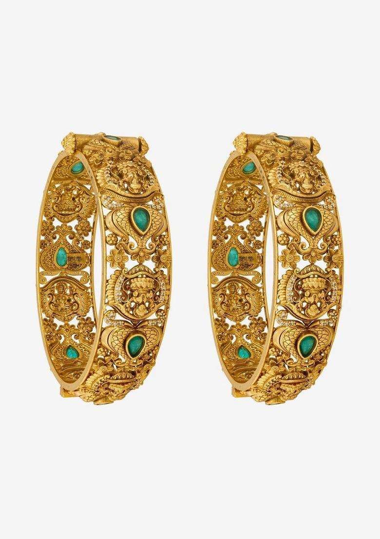 Set of 2 Silver Gold-Plated Temple Bangles for Women | Traditional Temple Jewellery for Wedding & Festive Wear | Gift for Her - Indya
