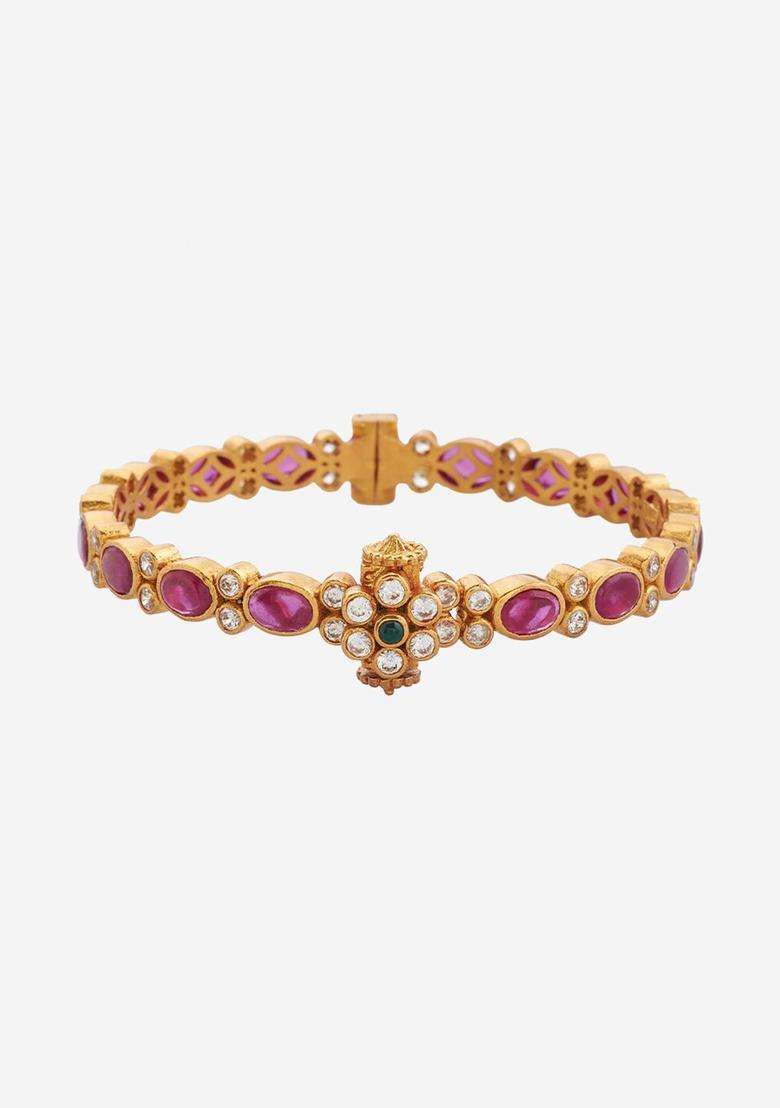 Embellished Bridal Gold-Plated 92.5 Silver Stone Studded Bangle for Women | Traditional Temple Jewellery for Wedding & Festive Wear | Gift for Her - Indya