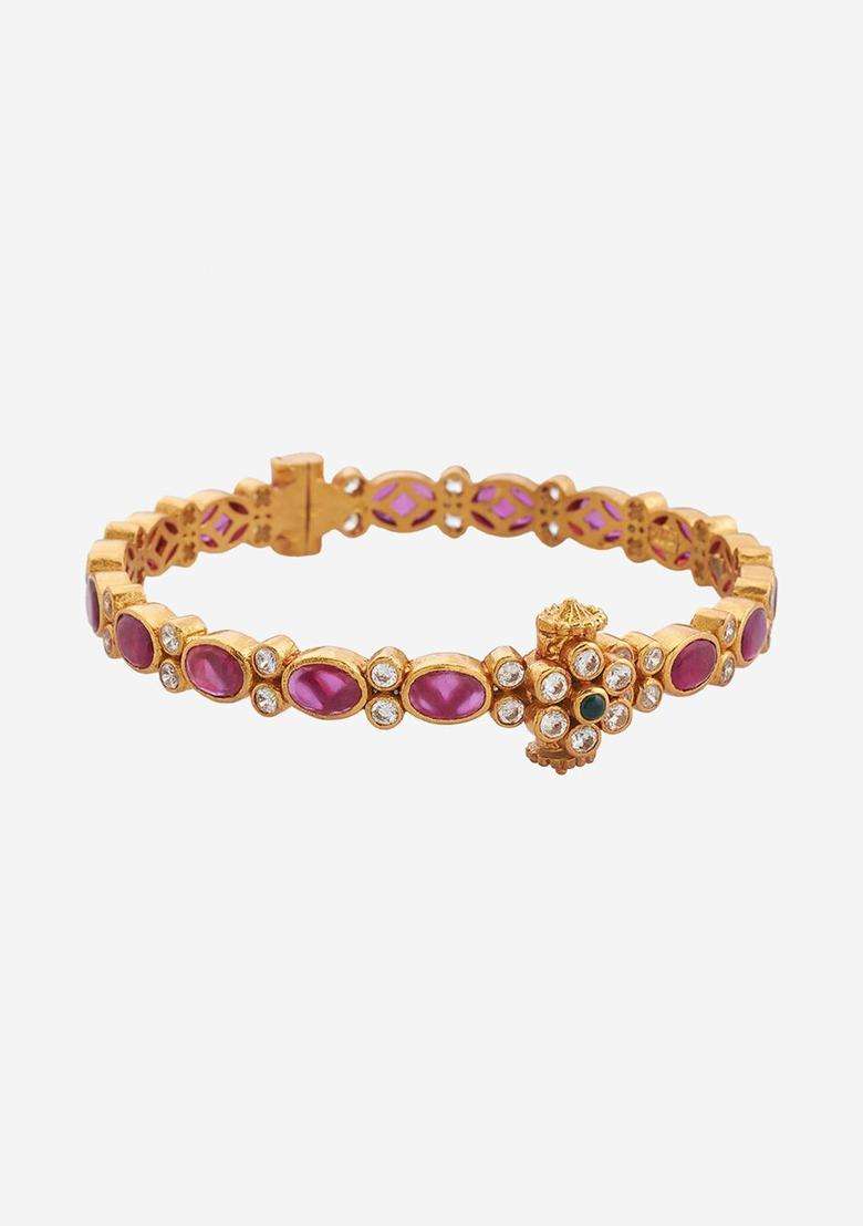 Embellished Bridal Gold-Plated 92.5 Silver Stone Studded Bangle for Women | Traditional Temple Jewellery for Wedding & Festive Wear | Gift for Her - Indya