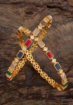 Embellished Bridal Set of 2 92.5 Gold-Plated Navaratna Bangles for Women | Traditional Temple Jewellery for Wedding & Festive Wear | Gift for Her