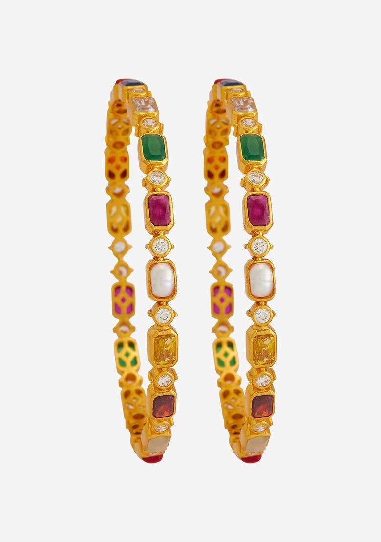 Embellished Bridal Set of 2 92.5 Gold-Plated Navaratna Bangles for Women | Traditional Temple Jewellery for Wedding & Festive Wear | Gift for Her - Indya