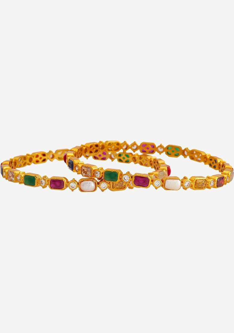 Embellished Bridal Set of 2 92.5 Gold-Plated Navaratna Bangles for Women | Traditional Temple Jewellery for Wedding & Festive Wear | Gift for Her - Indya