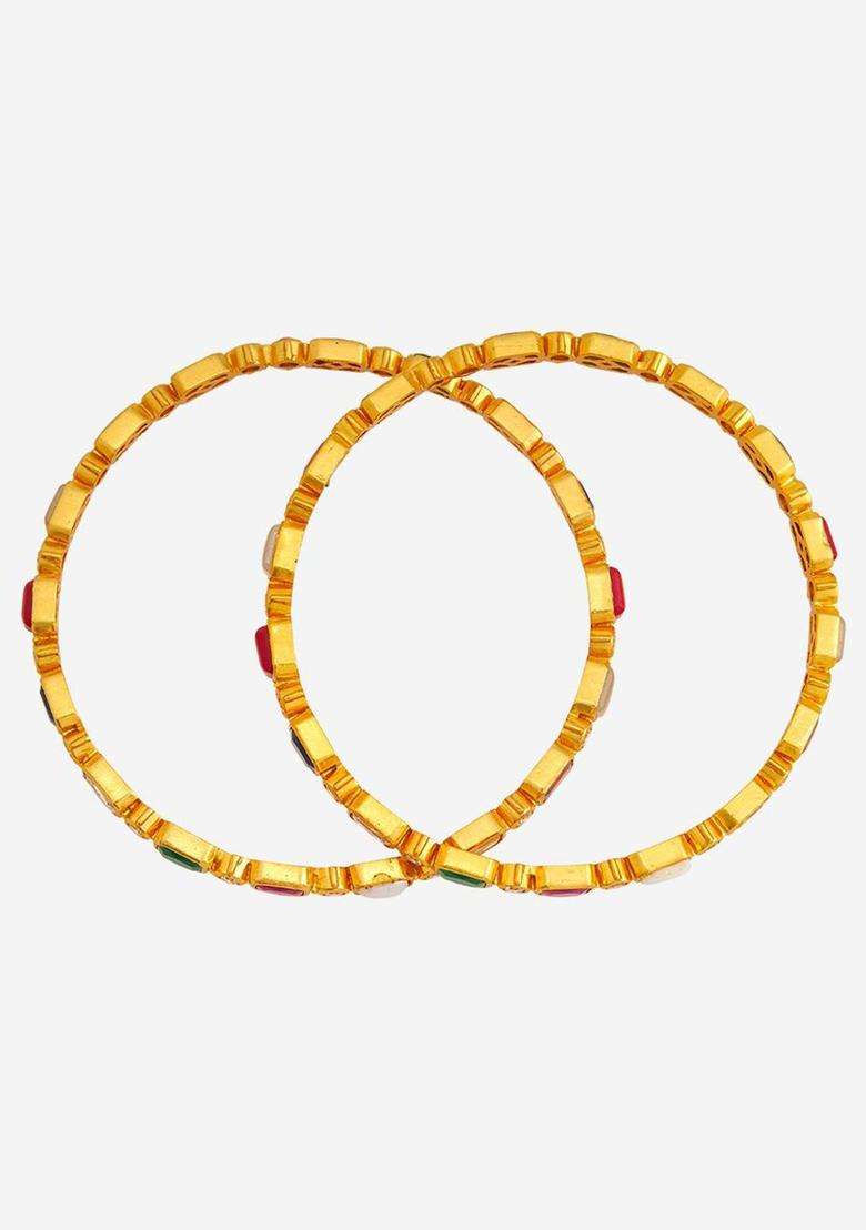 Embellished Bridal Set of 2 92.5 Gold-Plated Navaratna Bangles for Women | Traditional Temple Jewellery for Wedding & Festive Wear | Gift for Her - Indya