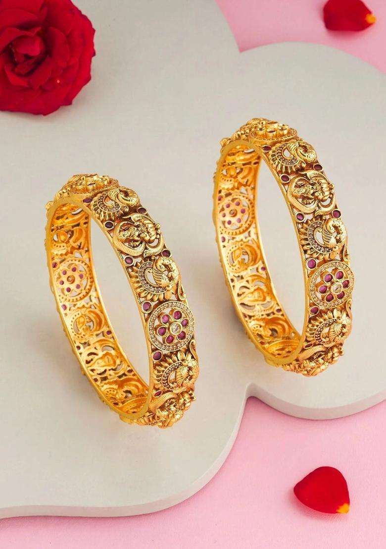 Set of 2 Gold-Plated Temple Bangles for Women | Traditional Temple Jewellery for Wedding & Festive Wear | Gift for Her - Indya
