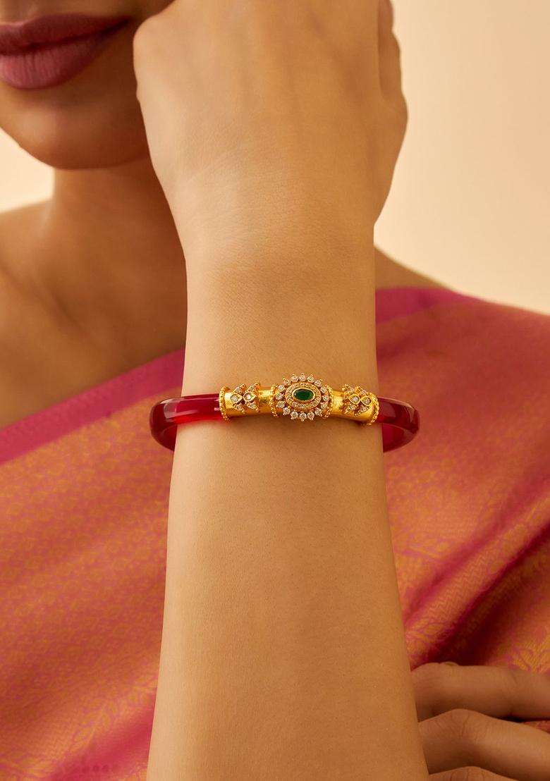92.5 Pure Silver Gold-Plated Stone Studded Bangle for Women | Traditional Temple Jewellery for Wedding & Festive Wear | Gift for Her - Indya