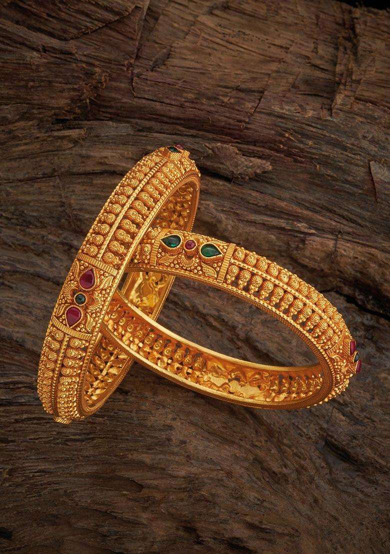 Set of 2 92.5 Pure Silver Gold-Plated Stones Studded Ethnic Bangles for Women | Traditional Temple Jewellery for Wedding & Festive Wear | Gift for Her - Indya