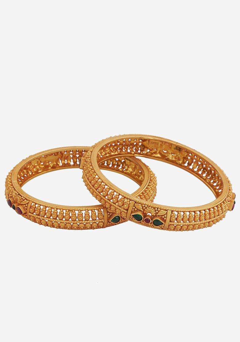Set of 2 92.5 Pure Silver Gold-Plated Stones Studded Ethnic Bangles for Women | Traditional Temple Jewellery for Wedding & Festive Wear | Gift for Her - Indya