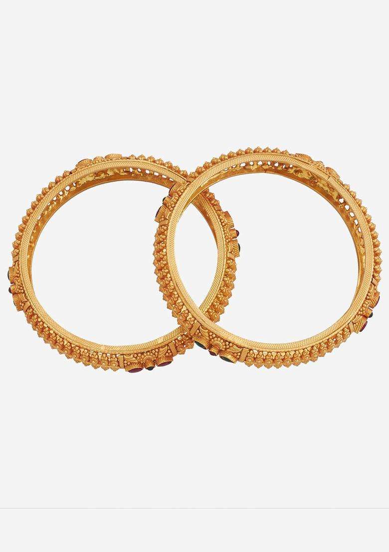 Set of 2 92.5 Pure Silver Gold-Plated Stones Studded Ethnic Bangles for Women | Traditional Temple Jewellery for Wedding & Festive Wear | Gift for Her - Indya