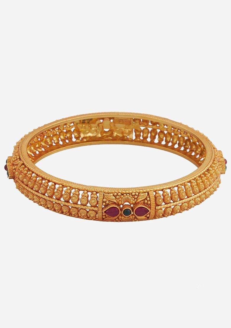 Set of 2 92.5 Pure Silver Gold-Plated Stones Studded Ethnic Bangles for Women | Traditional Temple Jewellery for Wedding & Festive Wear | Gift for Her - Indya