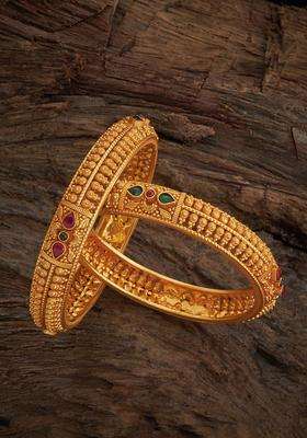 Set of 2 92.5 Pure Silver Gold-Plated Stones Studded Bangles for Women | Traditional Temple Jewellery for Wedding & Festive Wear | Gift for Her