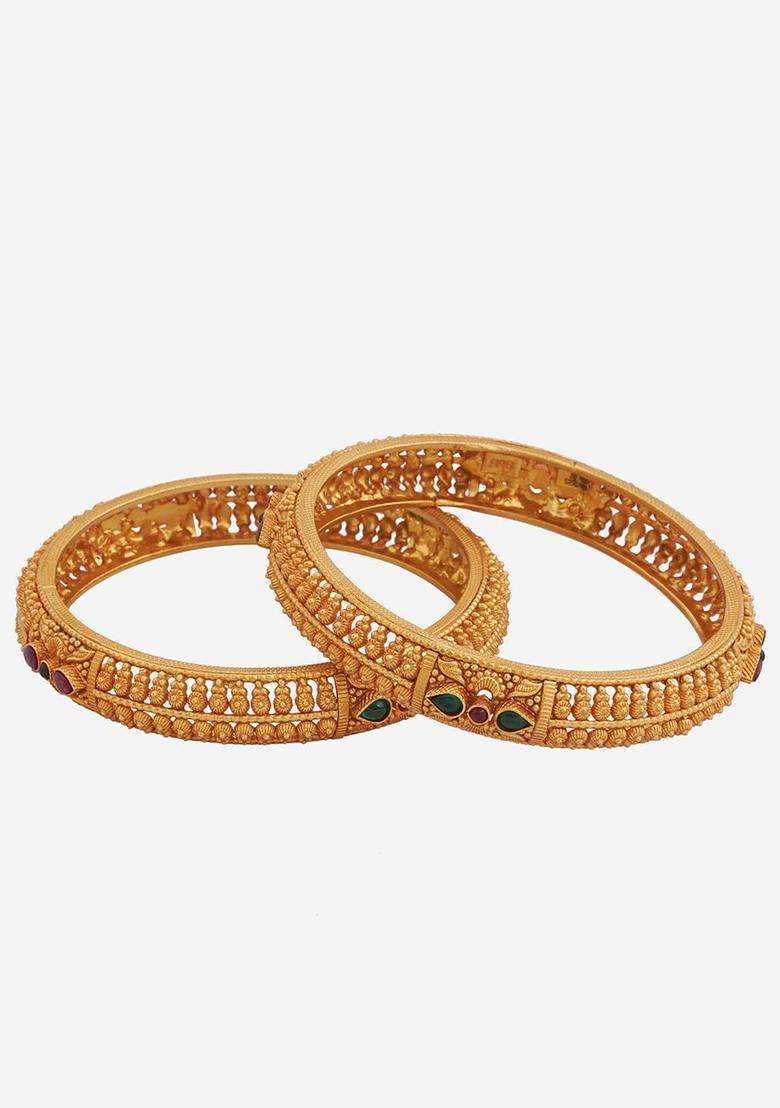 Set of 2 92.5 Pure Silver Gold-Plated Stones Studded Bangles for Women | Traditional Temple Jewellery for Wedding & Festive Wear | Gift for Her - Indya