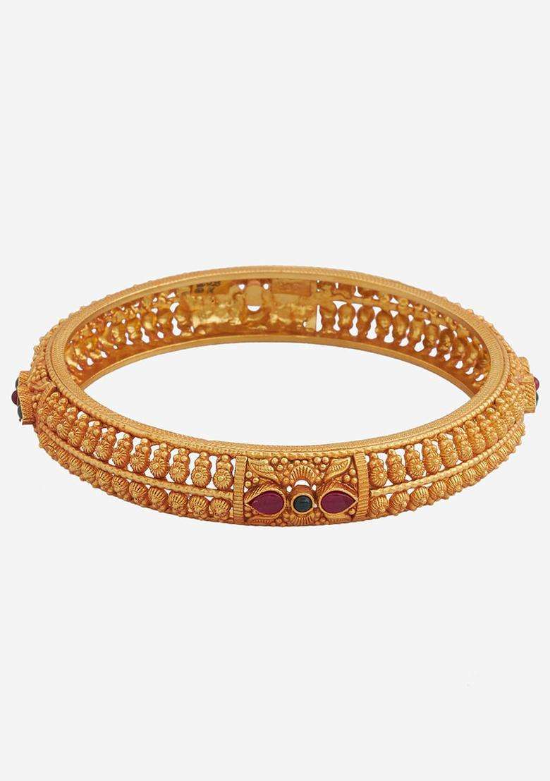Set of 2 92.5 Pure Silver Gold-Plated Stones Studded Bangles for Women | Traditional Temple Jewellery for Wedding & Festive Wear | Gift for Her - Indya