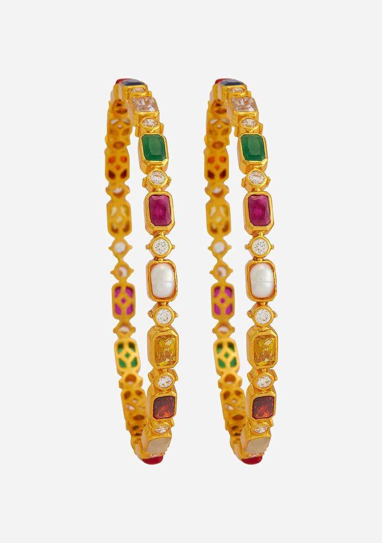 Embellished Bridal Set of 2 92.5 Gold-Plated Navaratna Bangles for Women | Traditional Temple Jewellery for Wedding & Festive Wear | Gift for Her - Indya