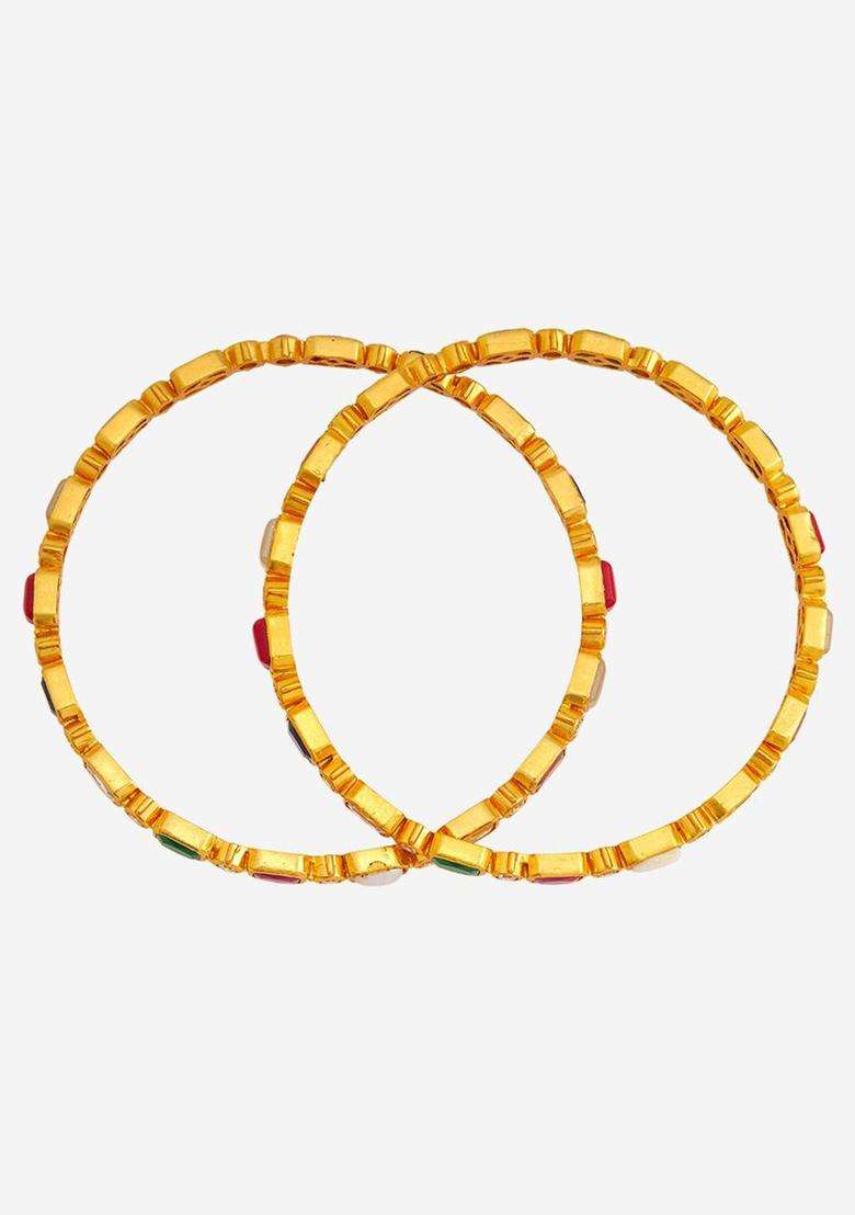 Embellished Bridal Set of 2 92.5 Gold-Plated Navaratna Bangles for Women | Traditional Temple Jewellery for Wedding & Festive Wear | Gift for Her - Indya