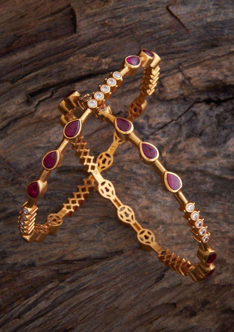 Embellished Bridal Set of 2 92.5 Silver Gold-Plated Bangles for Women | Traditional Temple Jewellery for Wedding & Festive Wear | Gift for Her - Indya