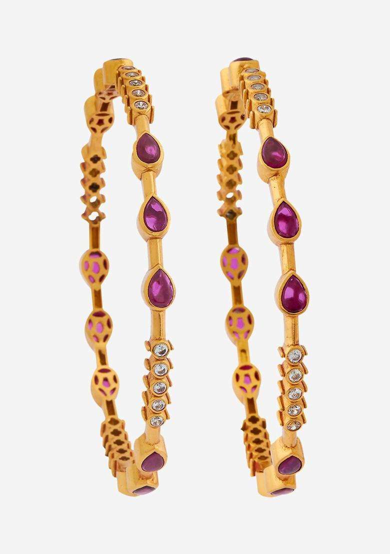 Embellished Bridal Set of 2 92.5 Silver Gold-Plated Bangles for Women | Traditional Temple Jewellery for Wedding & Festive Wear | Gift for Her - Indya