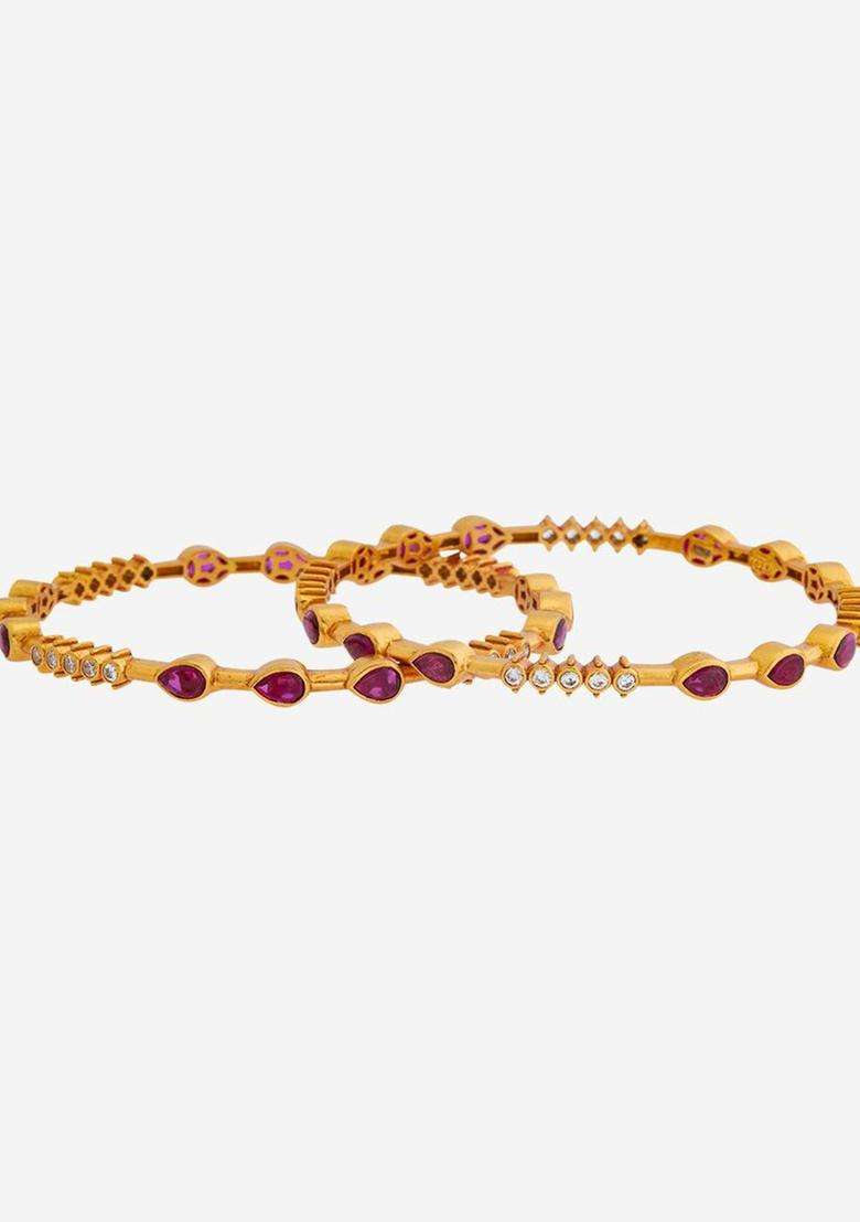 Embellished Bridal Set of 2 92.5 Silver Gold-Plated Bangles for Women | Traditional Temple Jewellery for Wedding & Festive Wear | Gift for Her - Indya