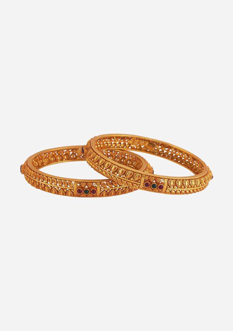 Set of 2 Gold-Plated Stone-Studded Bangles for Women | Traditional Temple Jewellery for Wedding & Festive Wear | Gift for Her - Indya