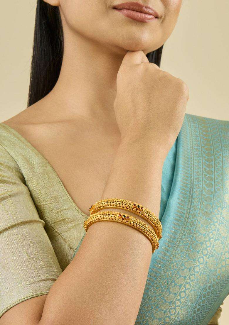 Set of 2 Gold-Plated Stone-Studded Bangles for Women | Traditional Temple Jewellery for Wedding & Festive Wear | Gift for Her - Indya