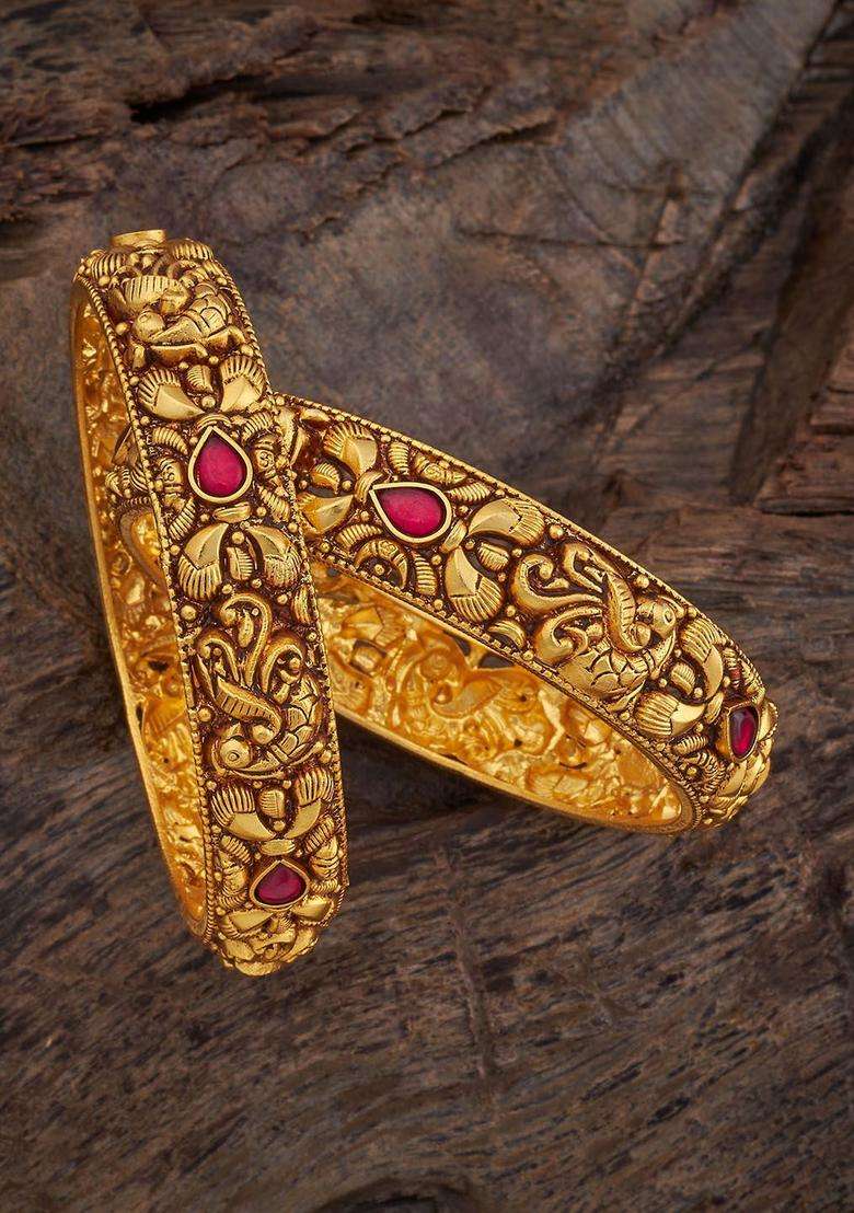 Embellished Bridal Set of 2 Gold-Plated 92.5 Silver Bangles for Women | Traditional Temple Jewellery for Wedding & Festive Wear | Gift for Her - Indya
