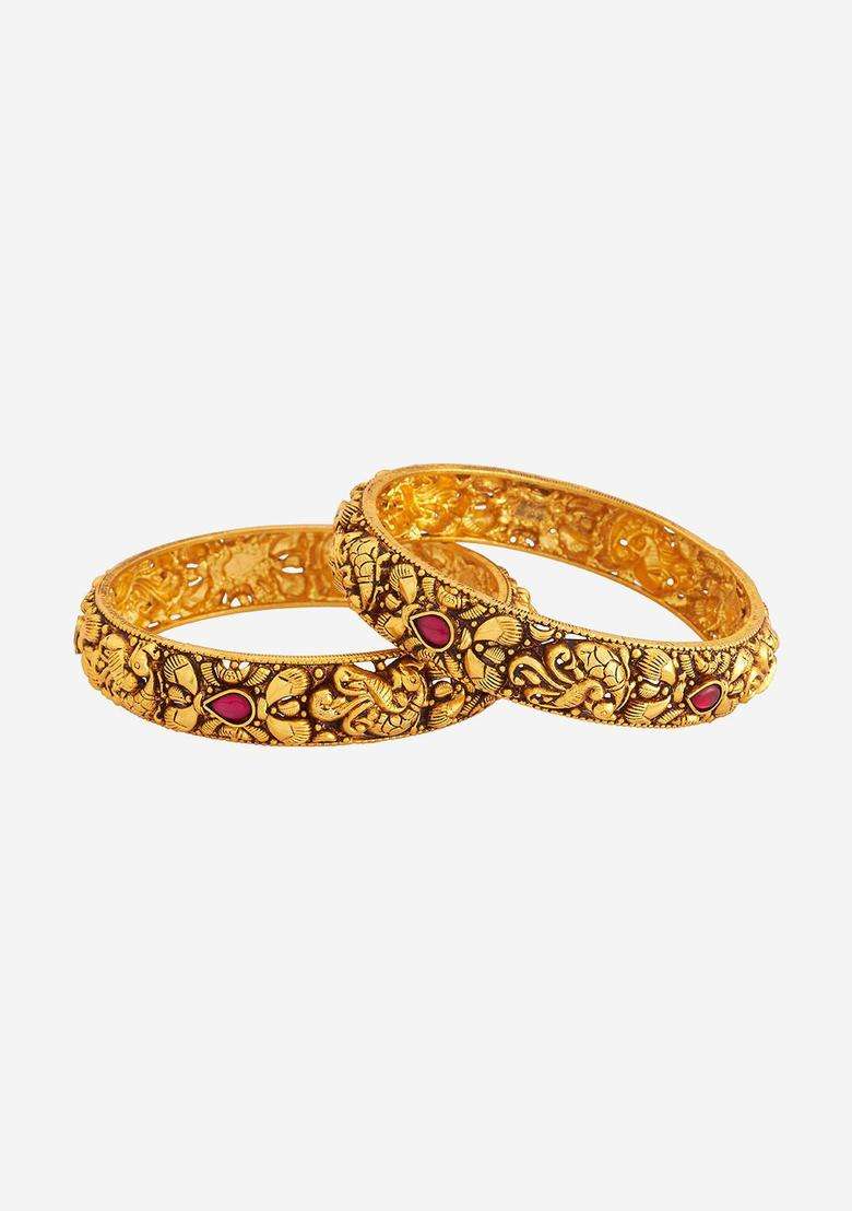 Embellished Bridal Set of 2 Gold-Plated 92.5 Silver Bangles for Women | Traditional Temple Jewellery for Wedding & Festive Wear | Gift for Her - Indya