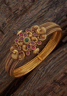 Embellished Bridal 92.5 Silver Gold-Plated Stone Kada Bangle for Women | Traditional Temple Jewellery for Wedding & Festive Wear | Gift for Her