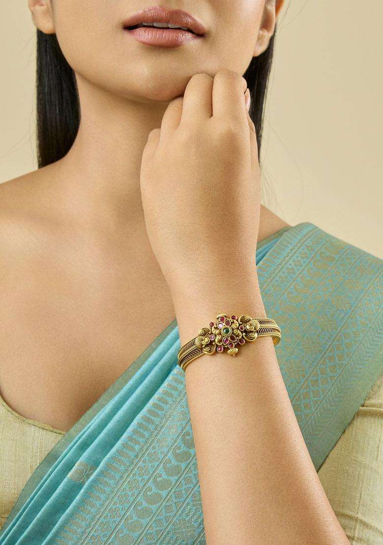 Embellished Bridal 92.5 Silver Gold-Plated Stone Kada Bangle for Women | Traditional Temple Jewellery for Wedding & Festive Wear | Gift for Her - Indya