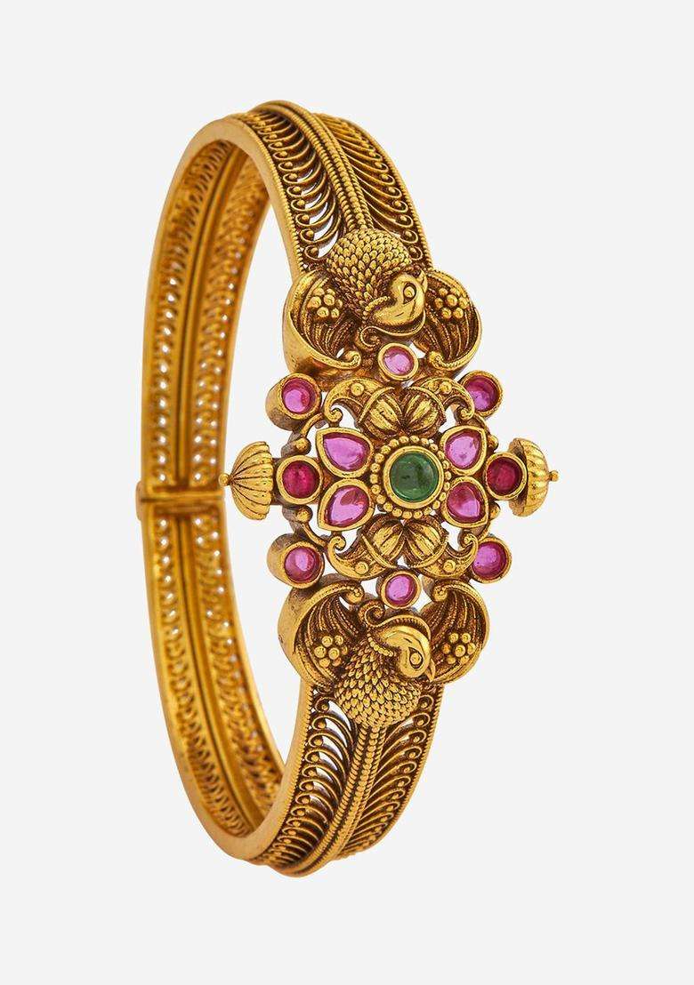 Embellished Bridal 92.5 Silver Gold-Plated Stone Kada Bangle for Women | Traditional Temple Jewellery for Wedding & Festive Wear | Gift for Her - Indya