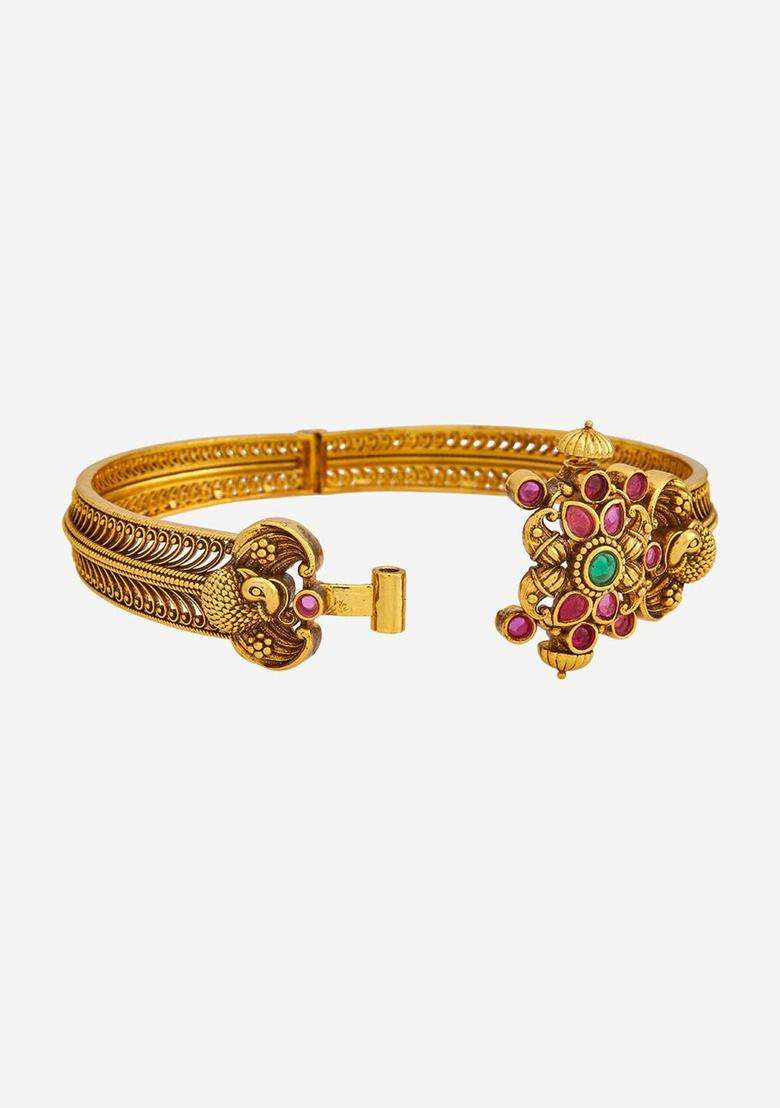 Embellished Bridal 92.5 Silver Gold-Plated Stone Kada Bangle for Women | Traditional Temple Jewellery for Wedding & Festive Wear | Gift for Her - Indya