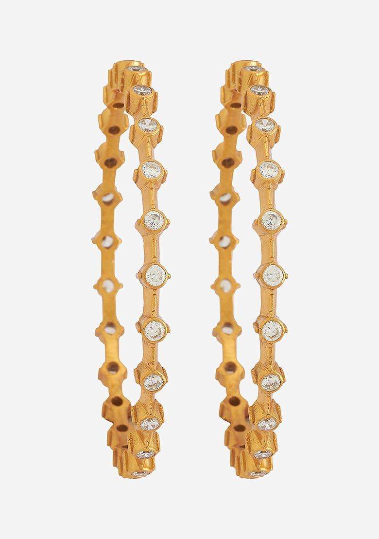 Set of 2 92.5 Pure Silver Gold-Plated Artificial Stones Bangle for Women | Traditional Temple Jewellery for Wedding & Festive Wear | Gift for Her - Indya