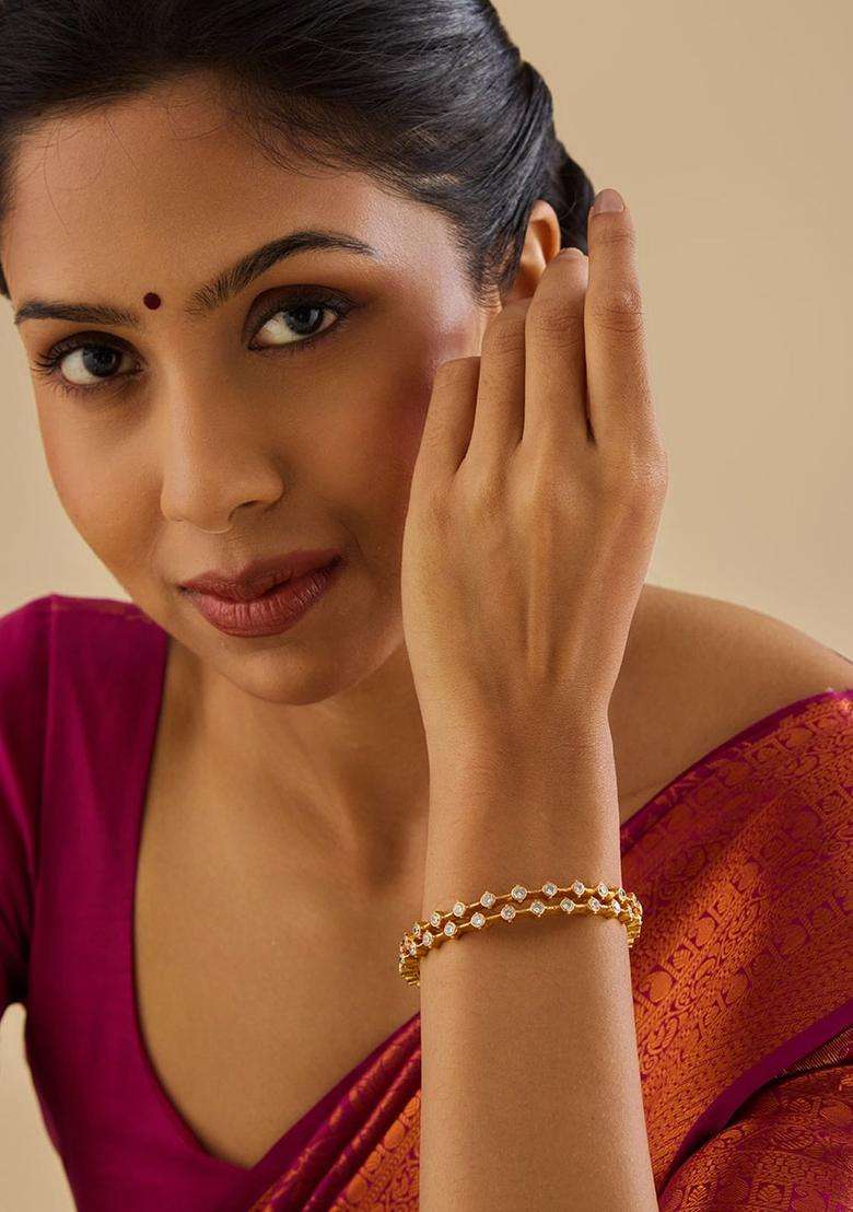 Set of 2 92.5 Pure Silver Gold-Plated Artificial Stones Bangle for Women | Traditional Temple Jewellery for Wedding & Festive Wear | Gift for Her - Indya