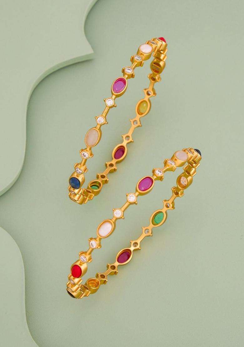 Set of 2 Gold-Plated Stone-Studded Bangles for Women | Traditional Temple Jewellery for Wedding & Festive Wear | Gift for Her - Indya