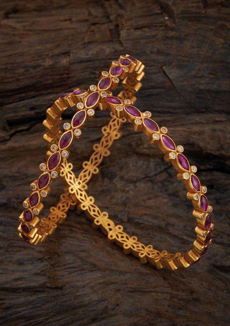 Gold-Plated Embellished Bridal Set of 2 92.5 Silver Temple Bangles for Women | Traditional Temple Jewellery for Wedding & Festive Wear | Gift for Her - Indya