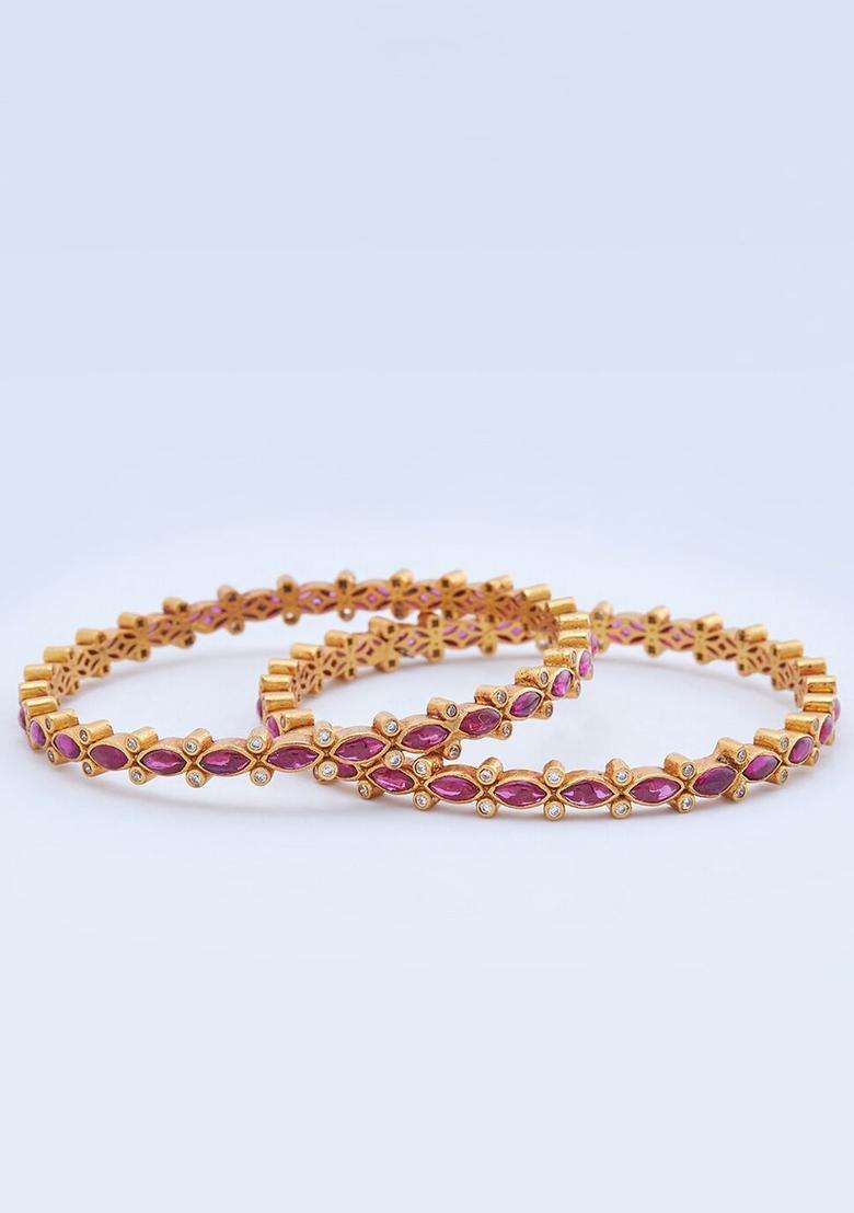 Gold-Plated Embellished Bridal Set of 2 92.5 Silver Temple Bangles for Women | Traditional Temple Jewellery for Wedding & Festive Wear | Gift for Her - Indya