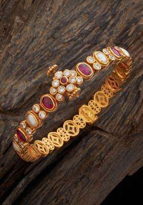 Gold-Plated Embellished Bridal Navaratna 92.5 Silver Stone Bangle for Women | Traditional Temple Jewellery for Wedding & Festive Wear | Gift for Her