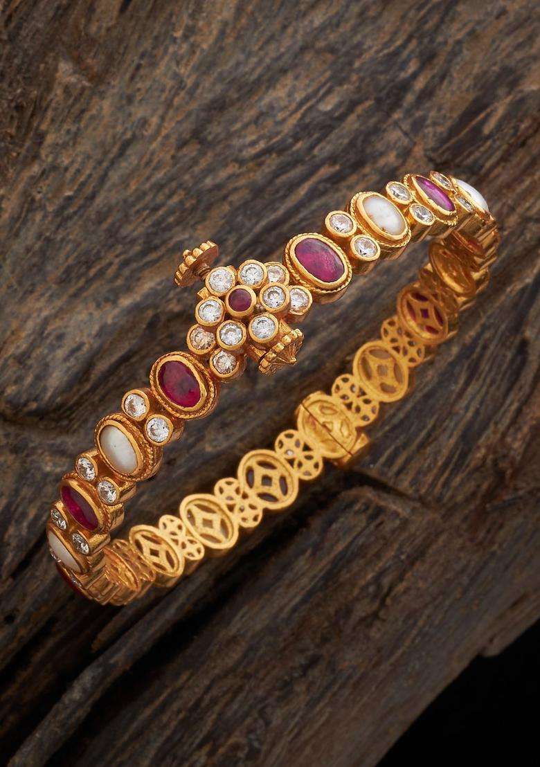 Gold-Plated Embellished Bridal Navaratna 92.5 Silver Stone Bangle for Women | Traditional Temple Jewellery for Wedding & Festive Wear | Gift for Her - Indya