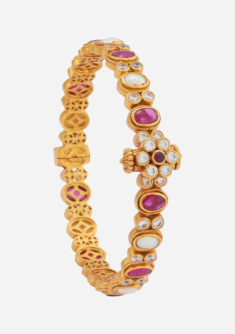 Gold-Plated Embellished Bridal Navaratna 92.5 Silver Stone Bangle for Women | Traditional Temple Jewellery for Wedding & Festive Wear | Gift for Her - Indya