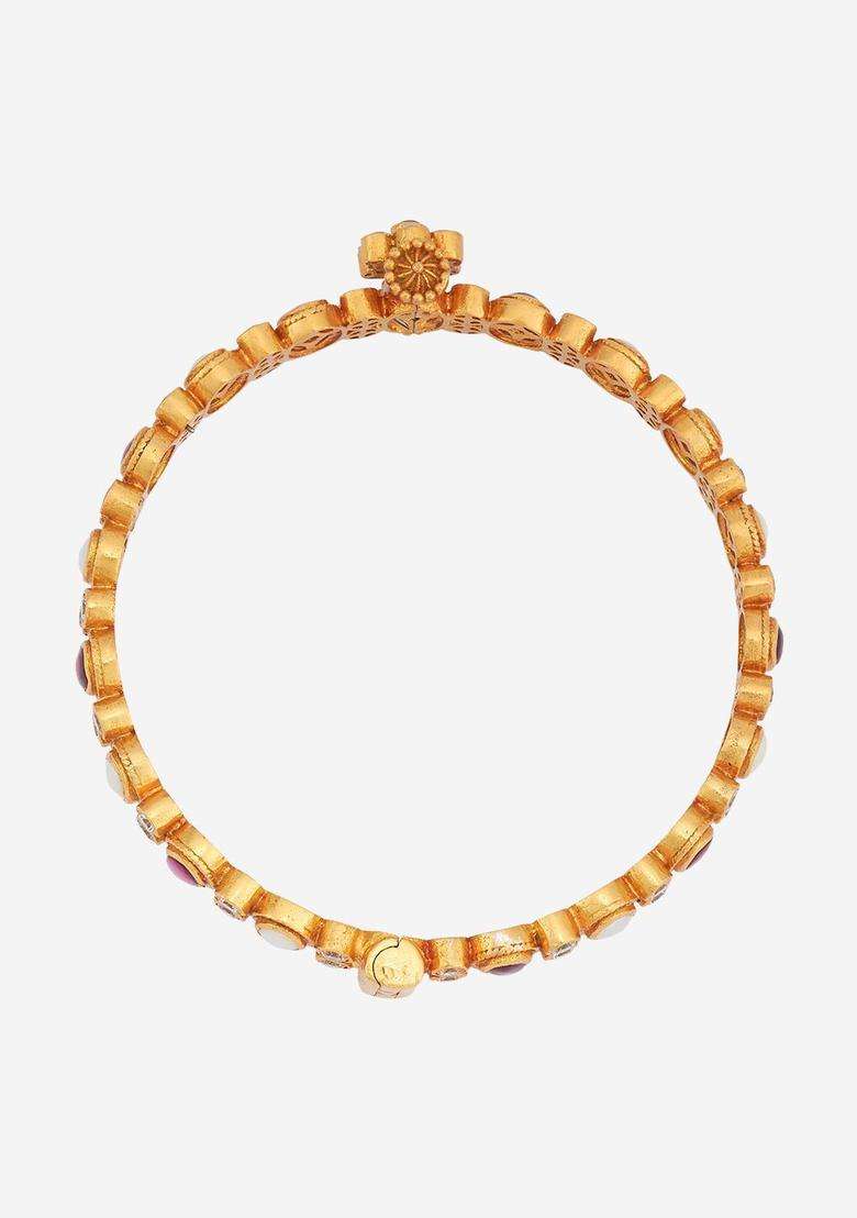 Gold-Plated Embellished Bridal Navaratna 92.5 Silver Stone Bangle for Women | Traditional Temple Jewellery for Wedding & Festive Wear | Gift for Her - Indya