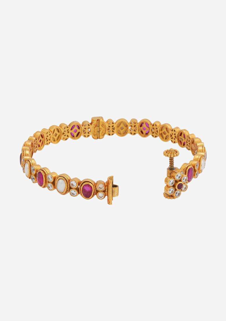 Gold-Plated Embellished Bridal Navaratna 92.5 Silver Stone Bangle for Women | Traditional Temple Jewellery for Wedding & Festive Wear | Gift for Her - Indya