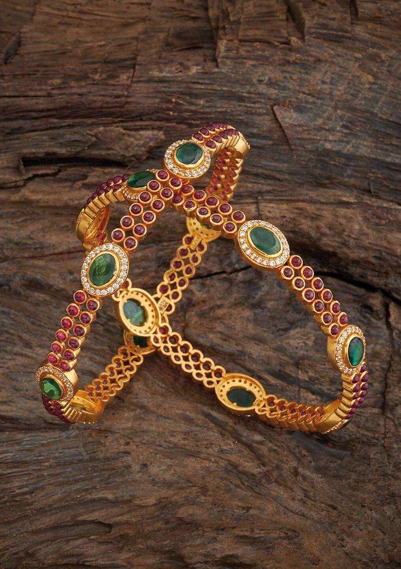 Gold-Plated Embellished Bridal Set of 2 92.5 Silver Temple Bangles for Women | Traditional Temple Jewellery for Wedding & Festive Wear | Gift for Her - Indya