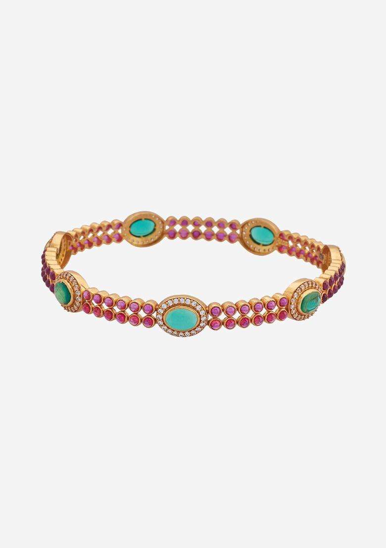 Gold-Plated Embellished Bridal Set of 2 92.5 Silver Temple Bangles for Women | Traditional Temple Jewellery for Wedding & Festive Wear | Gift for Her - Indya