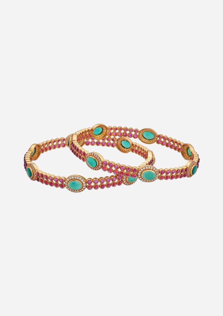 Gold-Plated Embellished Bridal Set of 2 92.5 Silver Temple Bangles for Women | Traditional Temple Jewellery for Wedding & Festive Wear | Gift for Her - Indya