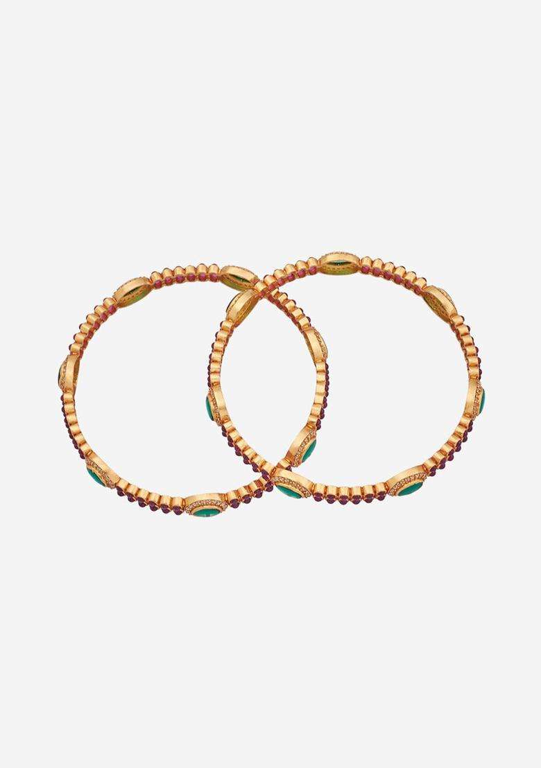 Gold-Plated Embellished Bridal Set of 2 92.5 Silver Temple Bangles for Women | Traditional Temple Jewellery for Wedding & Festive Wear | Gift for Her - Indya