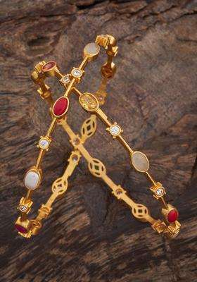 Gold-Plated Embellished Bridal Set of 2 92.5 Silver Stone Bangles for Women | Traditional Temple Jewellery for Wedding & Festive Wear | Gift for Her