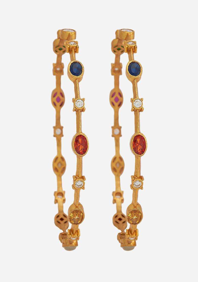 Gold-Plated Embellished Bridal Set of 2 92.5 Silver Stone Bangles for Women | Traditional Temple Jewellery for Wedding & Festive Wear | Gift for Her - Indya