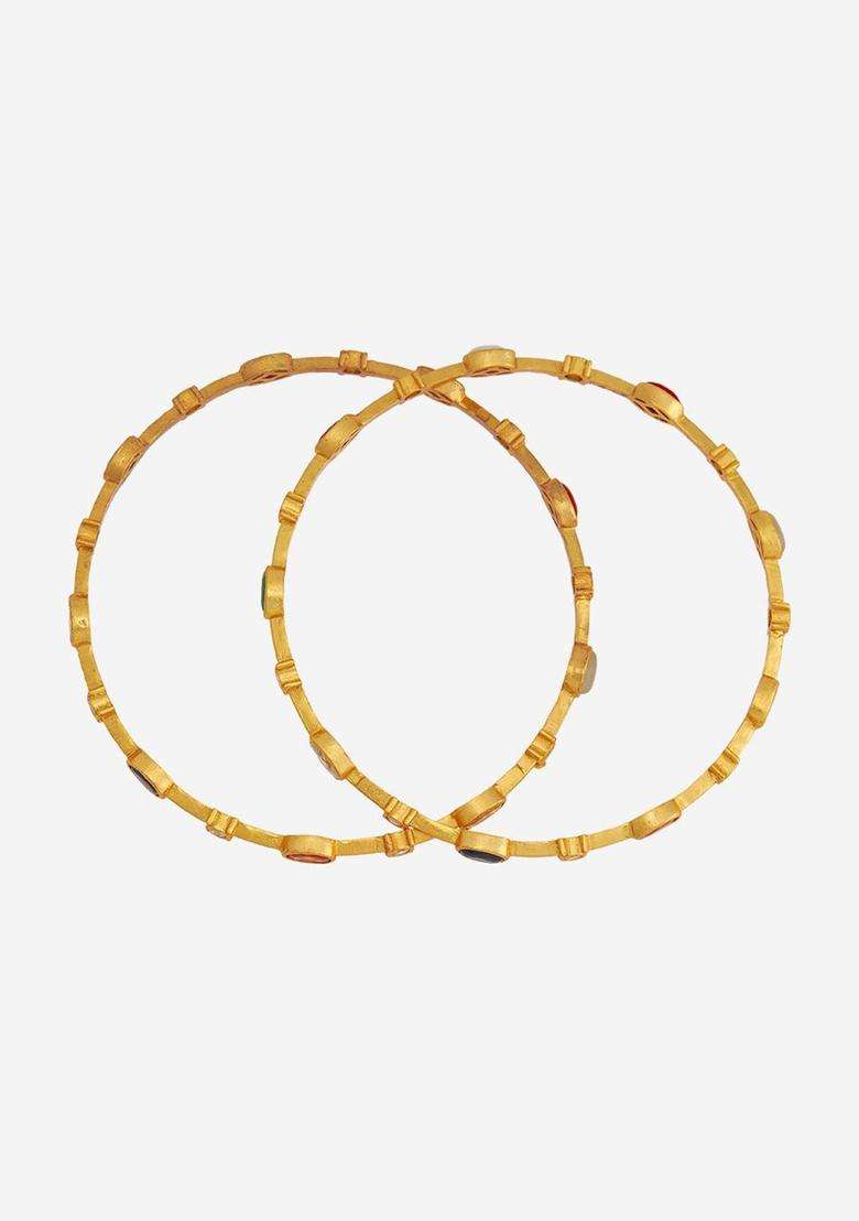 Gold-Plated Embellished Bridal Set of 2 92.5 Silver Stone Bangles for Women | Traditional Temple Jewellery for Wedding & Festive Wear | Gift for Her - Indya