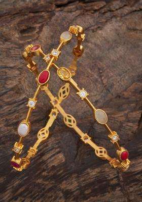 Gold-Plated Embellished Bridal Set of 2 92.5 Silver Stone Bangles for Women | Traditional Temple Jewellery for Wedding & Festive Wear | Gift for Her