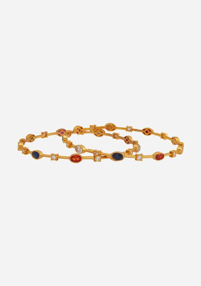 Gold-Plated Embellished Bridal Set of 2 92.5 Silver Stone Bangles for Women | Traditional Temple Jewellery for Wedding & Festive Wear | Gift for Her - Indya