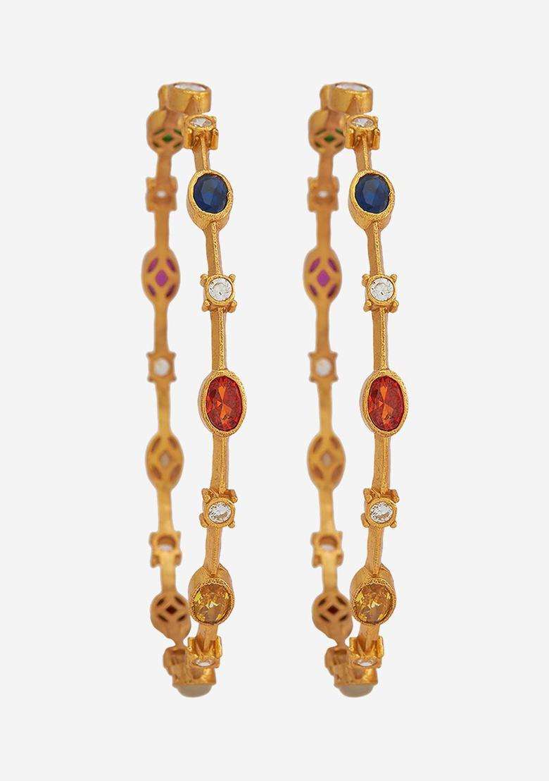 Gold-Plated Embellished Bridal Set of 2 92.5 Silver Stone Bangles for Women | Traditional Temple Jewellery for Wedding & Festive Wear | Gift for Her - Indya